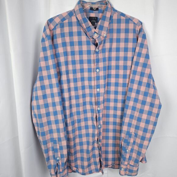 J Crew Men XL Pink Blue Plaid Flex Washed Long Sleeve Button Up Down Shirt - Picture 1 of 7